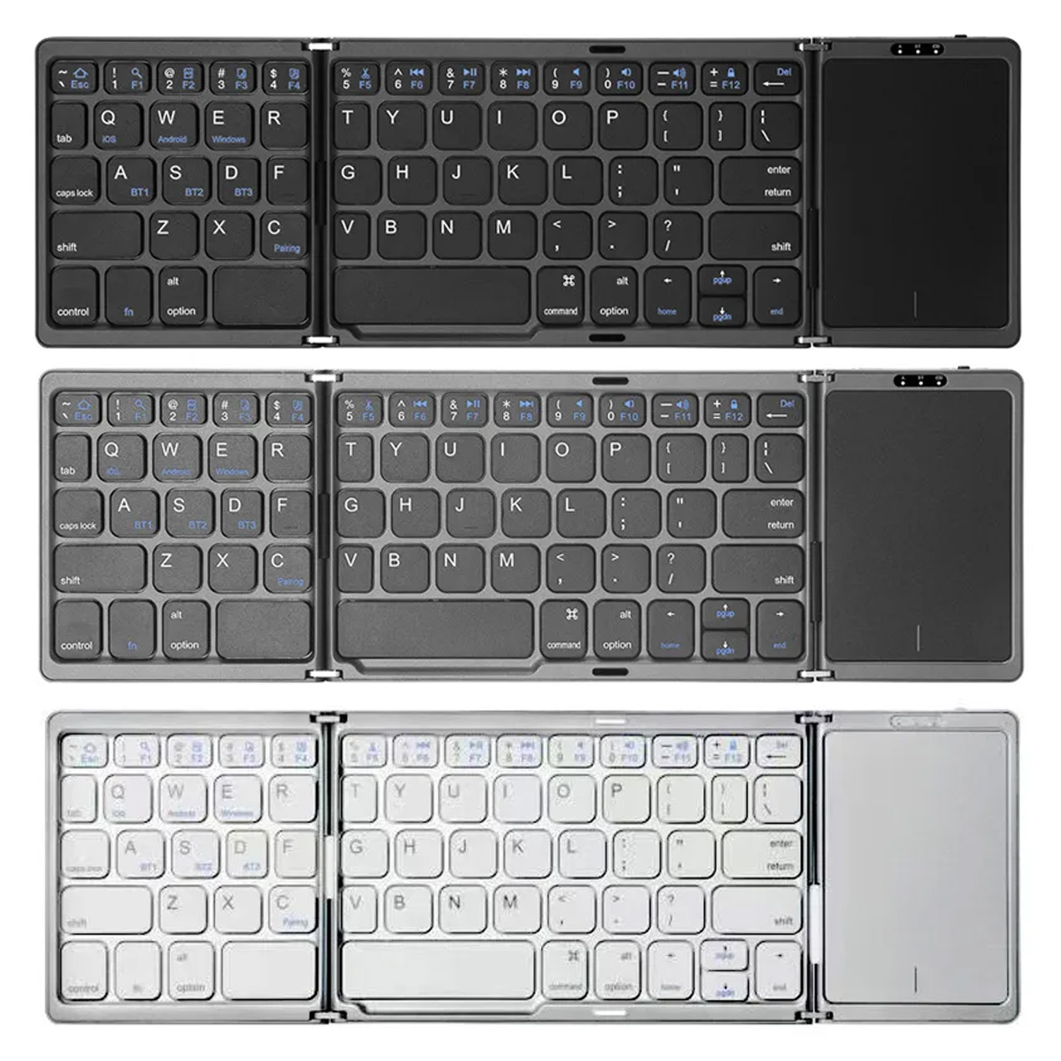 Android Tablet Gaming Accessories - คีย์บอร์ดบลูทูธแบบพับ 3 ตอนพร้อมทัชแพด คีย์บอร์ดไร้สายบลูทูธคู่ขนาดเล็กแบบชาร์จได้สำหรับ Windows Android